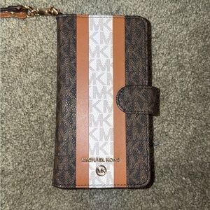 Michael Kors Brown Tan White Signature Stripe Phone Wallet